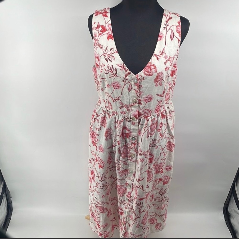 Cynthia Rowley MIDI 100% LINEN DRESS FLORAL DECORATIVE BUTTON FRONT SZ 8